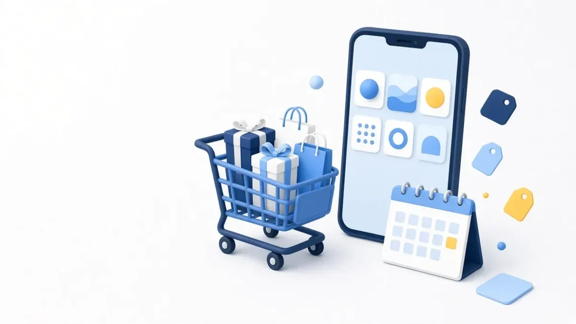 Ilustrasi keranjang belanja dan smartphone untuk promo Shopee BCA yang berlaku setiap hari Senin